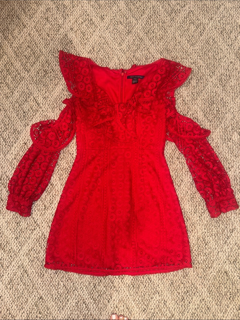 French Connection Red Lace Mini Dress with Crochet Detail & Open Shoulders